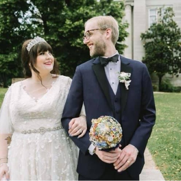 Plus size vintage wedding dress flutter sleeve and open back blush under layer - Picture 7 of 15